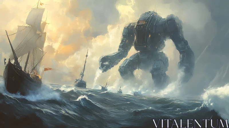 Giant Oceanic Robot and Sailing Vessels AI Image