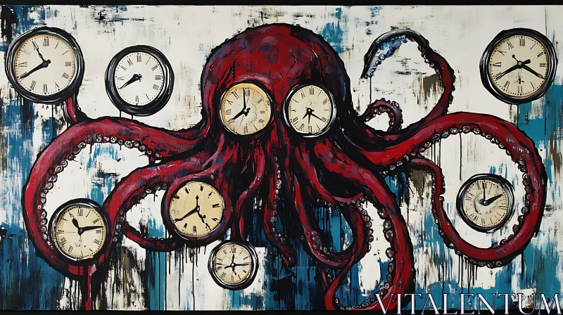 Abstract Red Octopus Holding Clocks AI Image