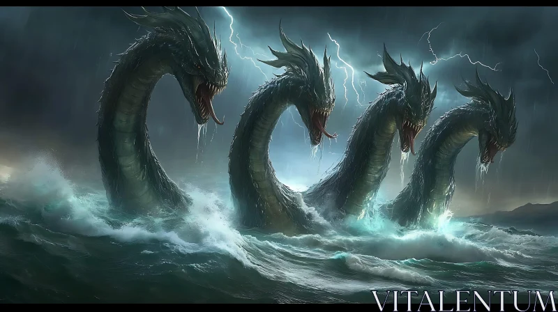 AI ART Multi-Headed Sea Serpent in Turbulent Waters