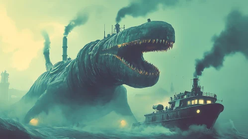 Giant Mechanical Beast Confronts Steamship