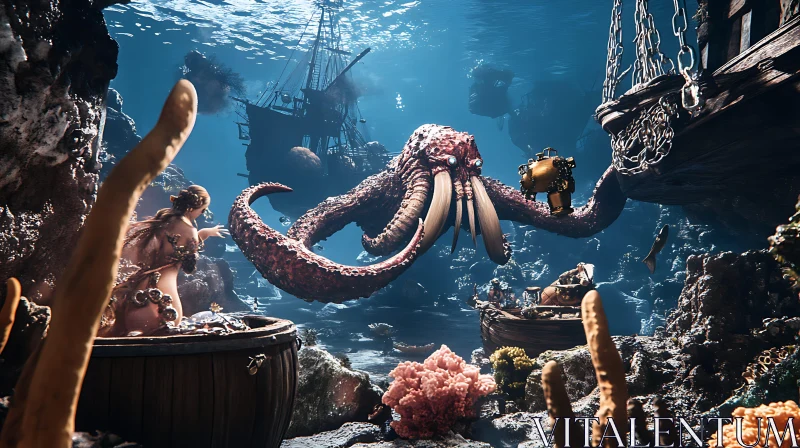 AI ART Undersea Adventure Featuring Octopus and Mermaid