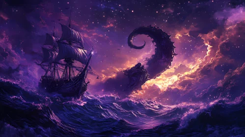 Ship Sailing with Kraken Tentacle in Night Sky