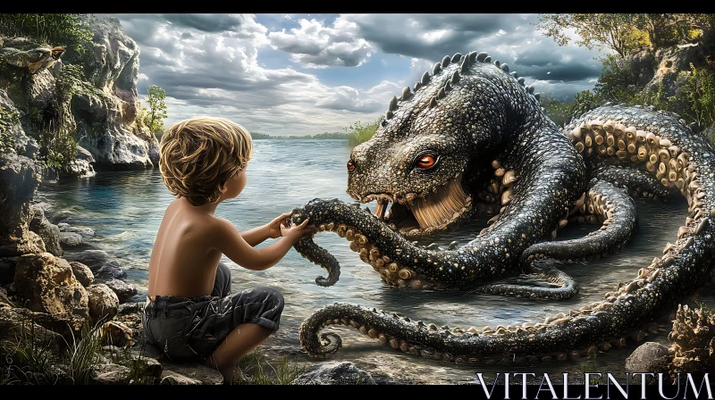 Child Meets Mythical Sea Creature AI Image