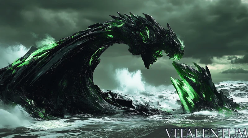 Green and Black Sea Creature in Rough Seas AI Image