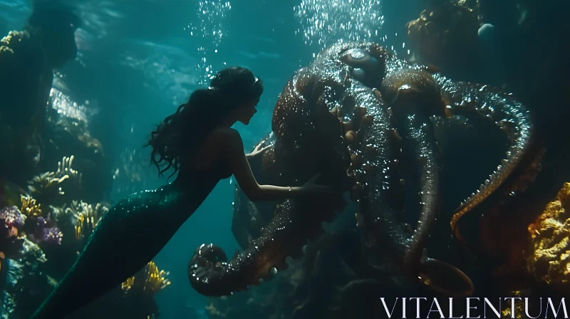 Enchanting Underwater Encounter with Mermaid and Octopus AI Image