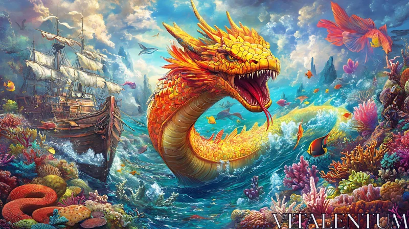 Golden Dragon and Shipwreck in a Colorful Underwater Realm AI Image