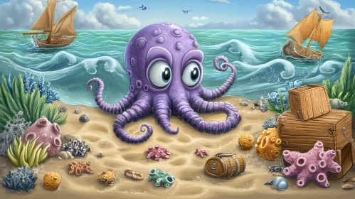 Cartoon Beach with Purple Octopus and Treasure