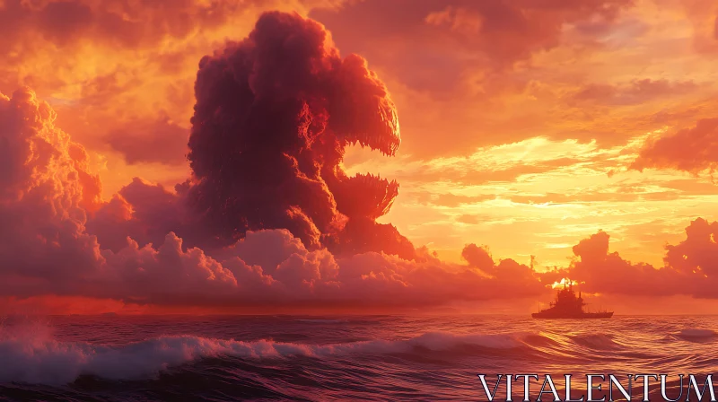 Giant Cloud Monster Over Ocean Sunset with Ship AI Image