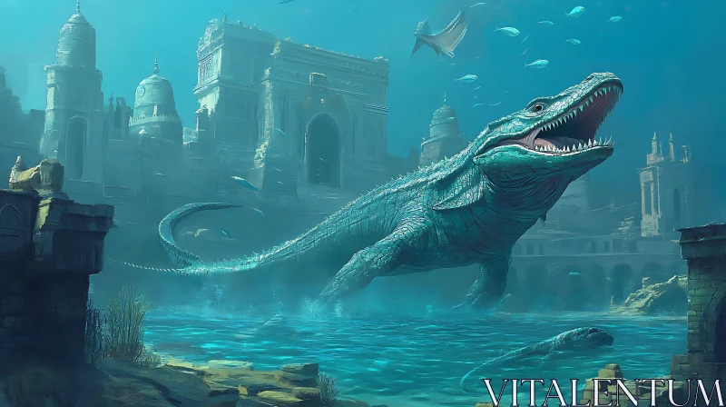 Enigmatic Submerged City with Ancient Sea Monster AI Image