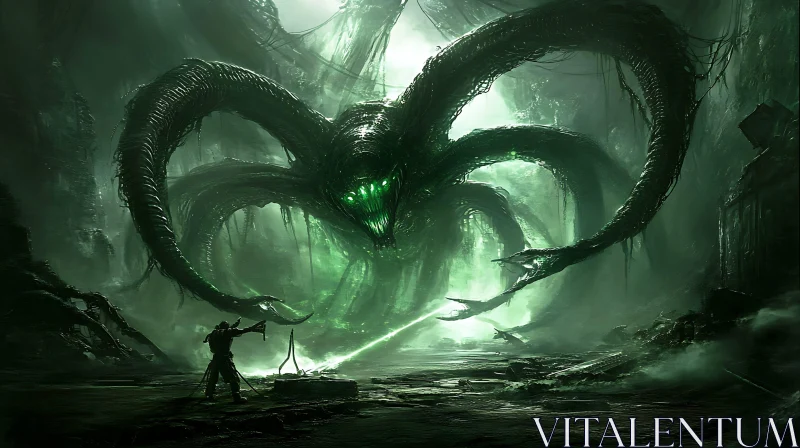 Hero vs. Tentacled Behemoth In an Ancient Lair AI Image