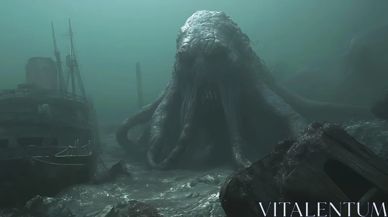 Giant Kraken Amongst Sunken Ships AI Image