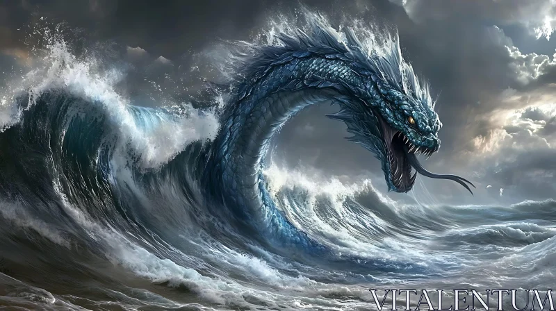 Ferocious Oceanic Dragon Amidst Roaring Waves AI Image