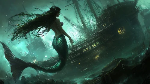 Mystical Mermaid with Wrecked Ship in Underwater Scene