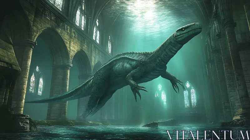 Submerged Dinosaur in Flooded Cathedral AI Image