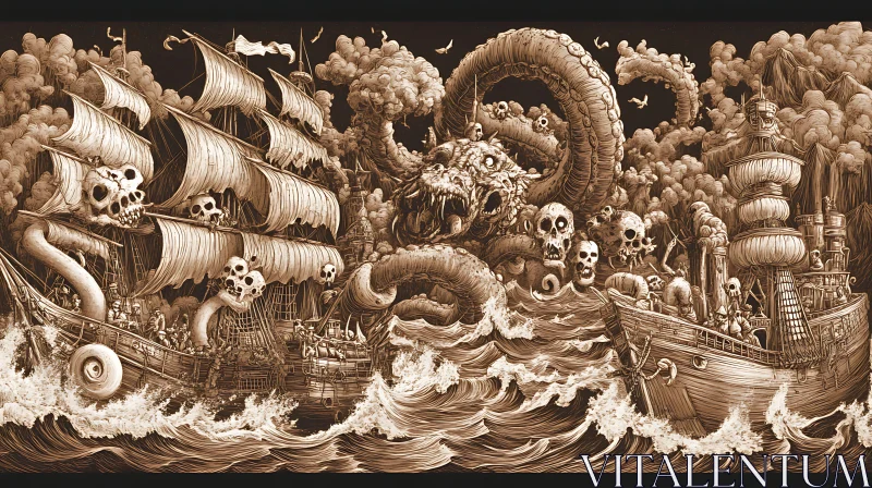 Pirate Ships vs Sea Monster in Dramatic Battle AI Image
