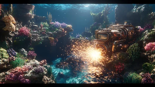 Marine Exploration Scene with Coral Reefs and Submarine