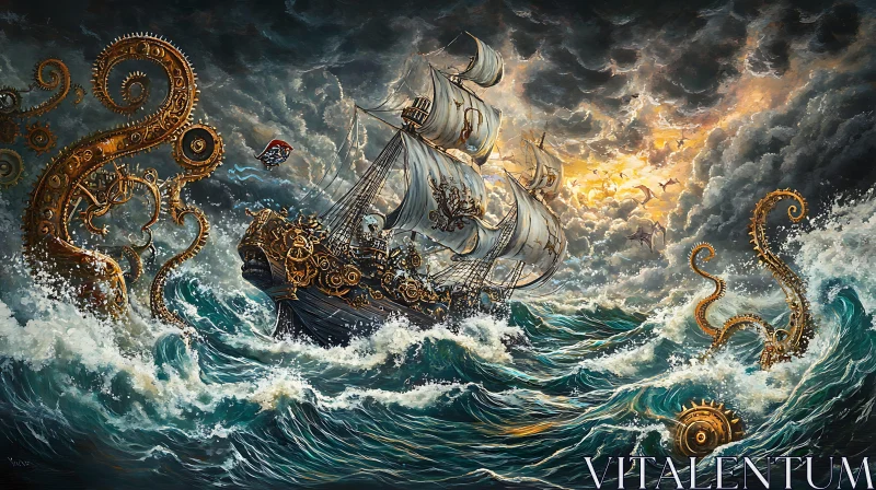 Steampunk Ship Fighting Mechanical Tentacles in Stormy Ocean AI Image