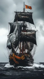 Historic Pirate Ship Overcoming Stormy Waters
