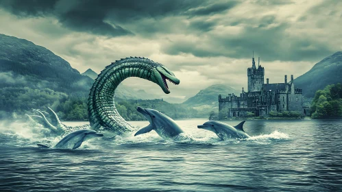 Fantasy Scene with Sea Monster and Castle