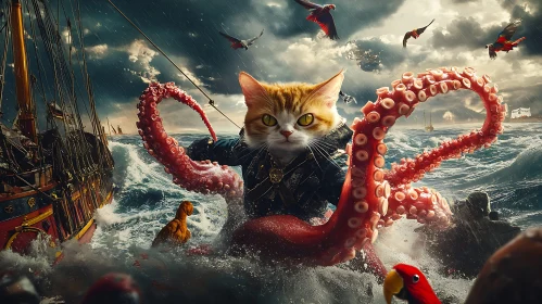 Majestic Cat-Topus in Turbulent Sea with Pirate Ship