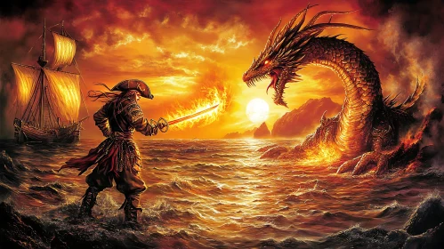 Pirate Confronts Dragon in Fiery Sea