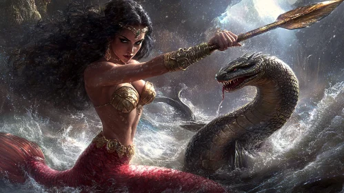 Epic Mermaid vs. Sea Serpent Battle Scene