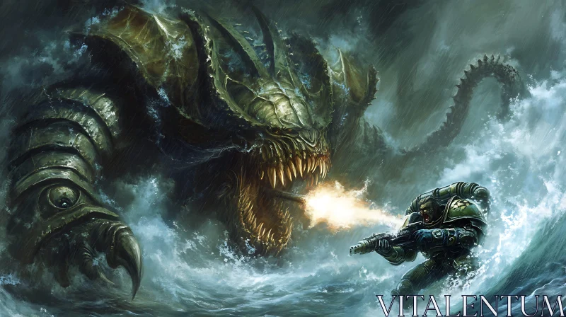 Soldier vs. Sea Creature in Ferocious Ocean Clash AI Image