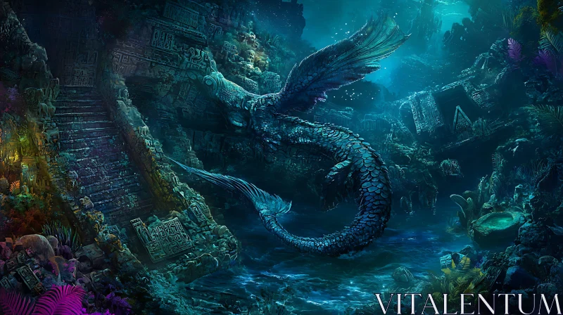 AI ART Underwater Dragon in Ancient Ruins