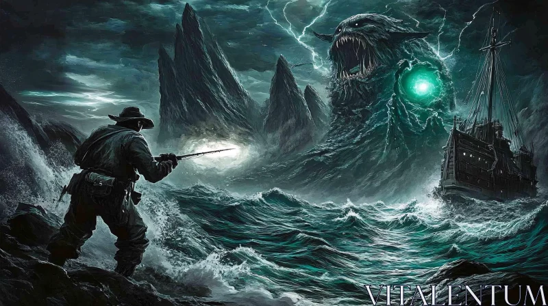 Lone Hero Confronts Kraken Amidst Storm AI Image