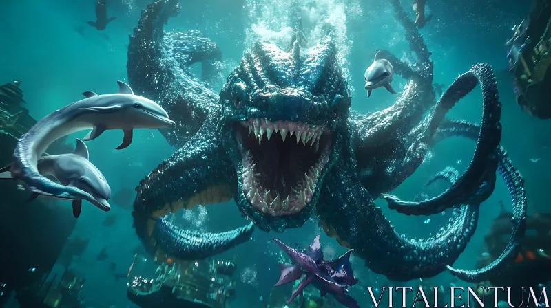 Mythical Sea Monster in an Underwater World AI Image