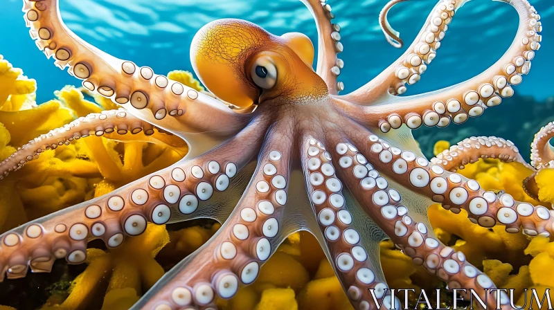 Striking Image of Underwater Octopus Among Yellow Coral AI Image