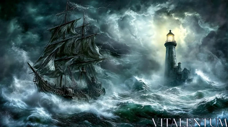 Ship Braving a Stormy Sea with Lighthouse AI Image