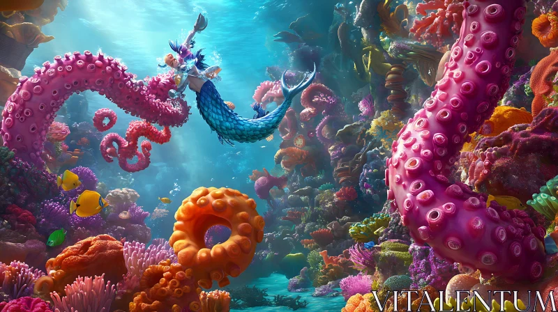 Enchanted Mermaid and Tentacle Clash in Coral Reef AI Image