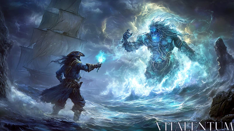 Pirate Versus Colossal Sea Monster in Storm AI Image