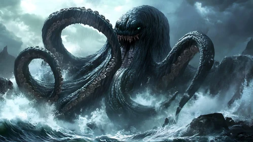 Menacing Sea Monster with Tentacles in Stormy Waters