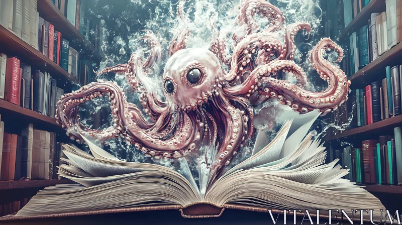 Octopus in a Library Book AI Image