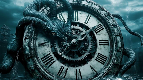 Dragon's Tentacles Entangle Old Clock in Mysterious Scenery