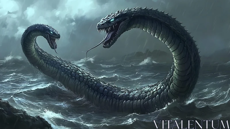 Giant Serpent Creature in Rough Waters AI Image