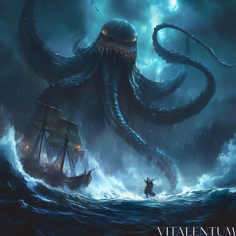 Colossal Kraken Confronts Ship in Turbulent Waters AI Image