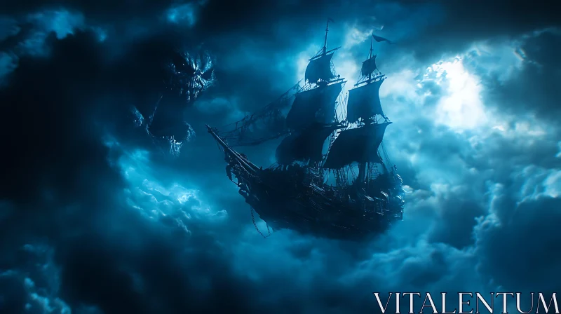 Haunting Night Scene with Ghostly Pirate Ship and Skull AI Image