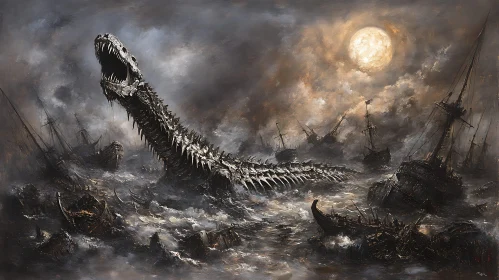 Eerie Skeletal Dragon Amidst Shipwreck and Storm