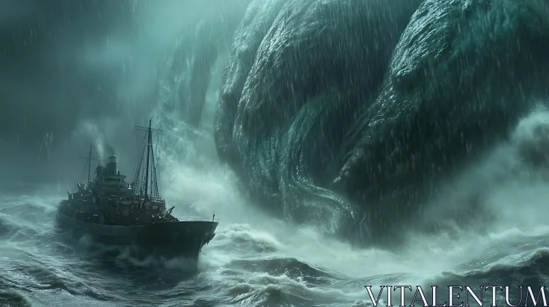 Ship Faces Menacing Kraken in Stormy Seas AI Image