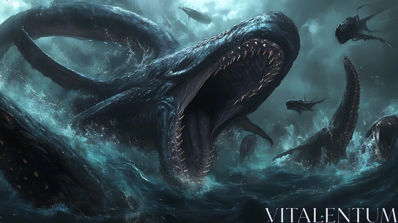 Gigantic Sea Monster in Stormy Waters AI Image