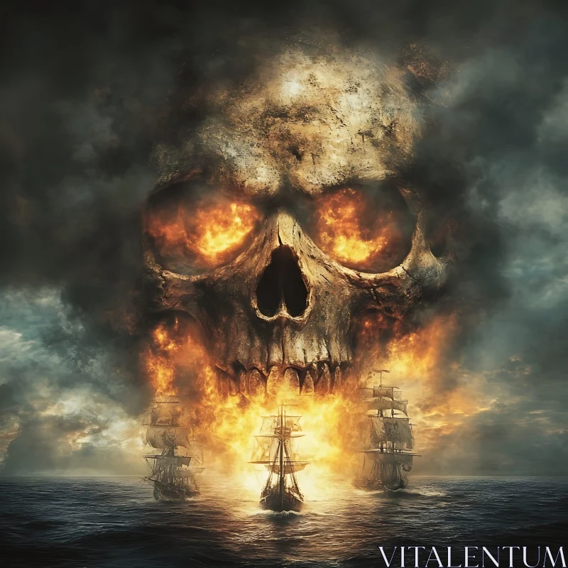 Mystical Skull in Fiery Clouds with Ships AI Image