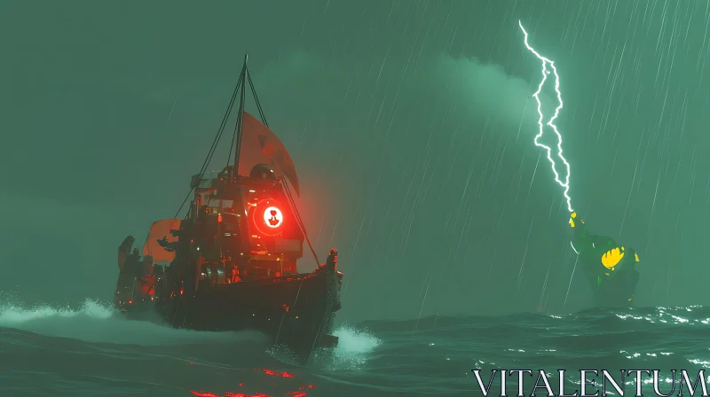 Stormy Seas with Glowing Boat and Lightning AI Image