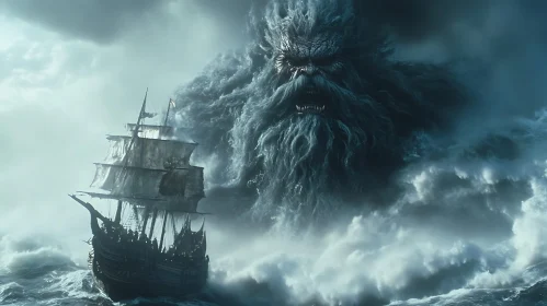 Giant Sea Beast and Ship in Violent Storm