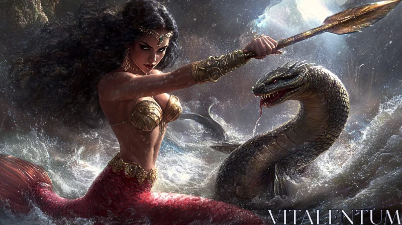 Epic Mermaid vs. Sea Serpent Battle Scene AI Image