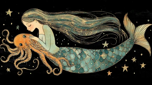 Magical Sea Creature and Mermaid Under the Stars