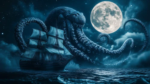 Majestic Ship Battles Colossal Kraken at Night