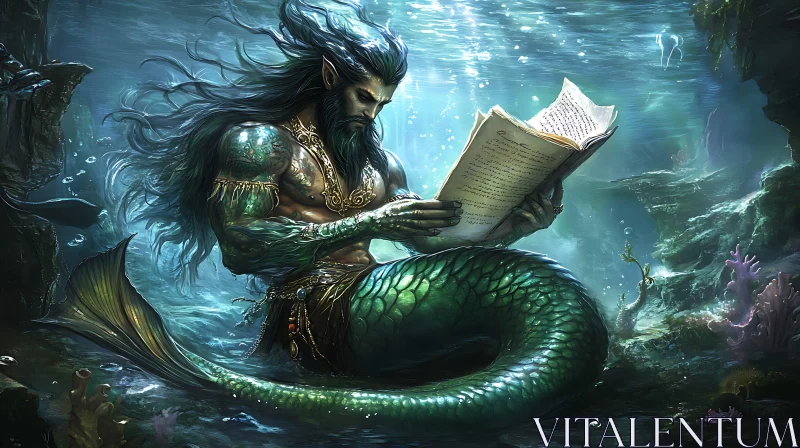 Aquatic Mythical Creature Reading Ancient Book AI Image